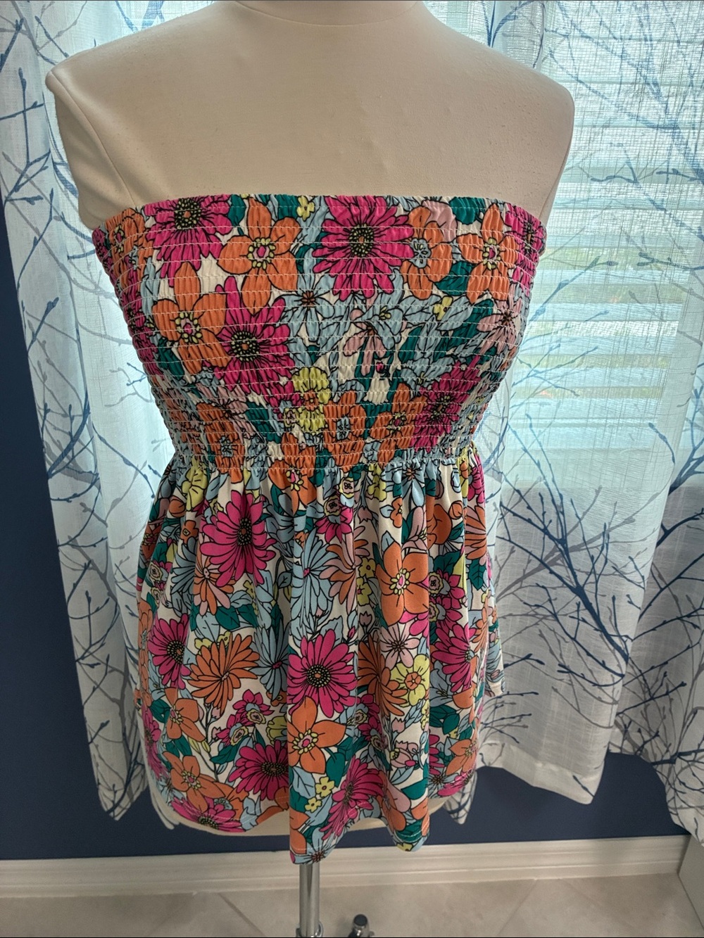 Iwollence Smocked Strapless Floral Sundress Top in Pink, Orange & Teal